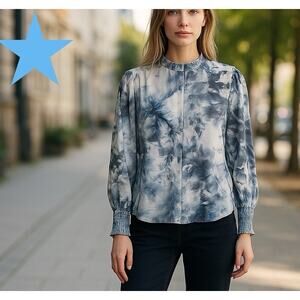 Go By Go Silk Womens Long Sleeve Watercolor Blouse Zip Blue Gray White S 4 6